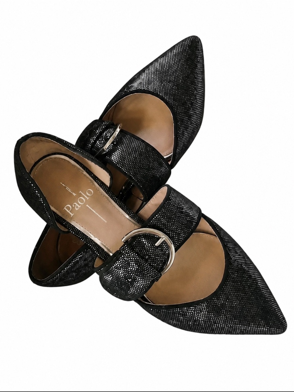Linea Paola "Dean" Black Leather/Metallic Pointy Toe Slip On Shoes Size 5 M EUC!